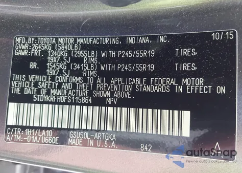 2015 Toyota Highlander Limited V6 from USA, damaged, VIN 5TDYKRFH0FS115864